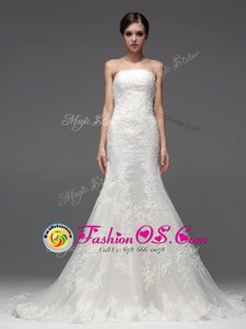 Gorgeous Brush Train Column/Sheath Wedding Dress White Strapless Lace Sleeveless With Train Lace Up