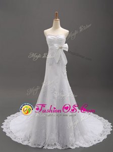 Cute White Organza Lace Up Wedding Gown Sleeveless With Brush Train Beading and Lace and Appliques and Bowknot