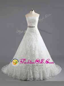 White A-line Beading and Lace Wedding Dress Lace Up Lace Sleeveless With Train