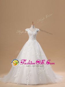 Amazing Short Sleeves Brush Train Lace and Appliques Lace Up Wedding Gown