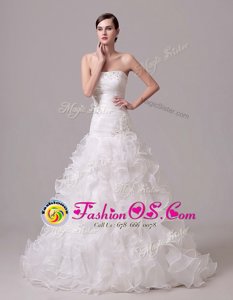 White Strapless Neckline Beading and Appliques and Ruffles and Ruching Wedding Gown Sleeveless Lace Up