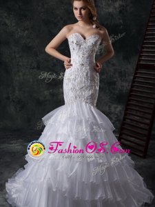 Cute Mermaid White Lace Up Bridal Gown Beading and Appliques and Ruffles Sleeveless Brush Train