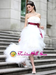 Latest White Column/Sheath Ruffles and Belt and Hand Made Flower Wedding Dresses Zipper Organza Sleeveless High Low