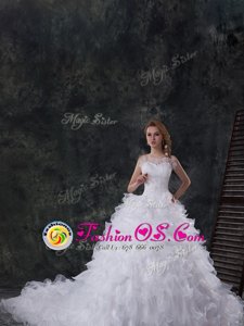 Traditional White Scoop Lace Up Beading and Ruffles Bridal Gown Chapel Train Sleeveless