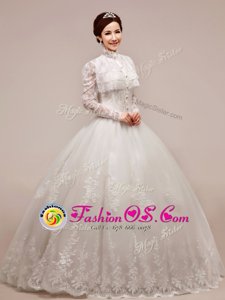 Glorious White Wedding Gown Wedding Party and For with Beading and Appliques High-neck Sleeveless Zipper
