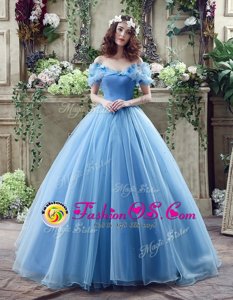 Organza Off The Shoulder Sleeveless Lace Up Ruching and Bowknot Bridal Gown in Blue