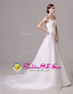 Off the Shoulder White Clasp Handle Bridal Gown Beading and Appliques and Ruching Sleeveless Court Train