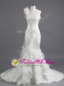 Mermaid White Sleeveless With Train Beading and Appliques and Ruffles Lace Up Wedding Gowns
