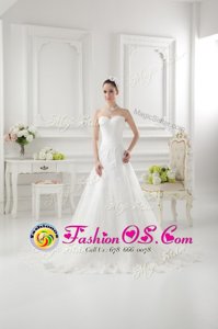 Simple White Sleeveless Brush Train Ruffled Layers and Hand Made Flower Wedding Dresses