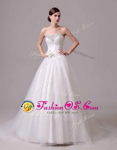 Glorious Scoop Sleeveless With Train Lace and Appliques Lace Up Wedding Gown with White Brush Train