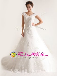Designer Tulle Sleeveless With Train Wedding Dresses Chapel Train and Beading and Appliques