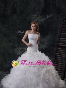 Custom Design Mermaid White Sleeveless With Train Ruffled Layers Lace Up Wedding Dress