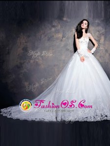Cap Sleeves With Train Beading and Appliques Lace Up Wedding Gowns with White Court Train