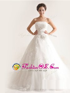 Suitable Appliques Wedding Gowns White Lace Up Sleeveless With Train Court Train