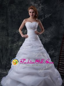 Luxurious White Sweetheart Lace Up Beading and Ruching and Hand Made Flower Wedding Gowns Court Train Sleeveless