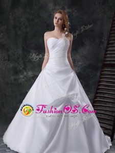 Sweet Pick Ups One Shoulder Sleeveless Brush Train Lace Up Wedding Dresses White Taffeta