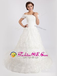 White Lace Lace Up Off The Shoulder Short Sleeves With Train Wedding Gowns Court Train Lace