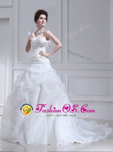 White A-line One Shoulder Sleeveless Organza and Tulle With Brush Train Lace Up Ruffles and Ruching and Pick Ups Wedding Dresses