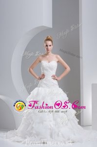 Simple Ruffled White Lace Up Bridal Gown Beading and Ruffles Sleeveless With Brush Train