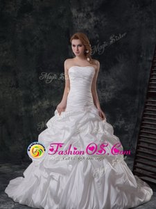 White Strapless Neckline Ruching and Pick Ups Wedding Gowns Sleeveless Lace Up