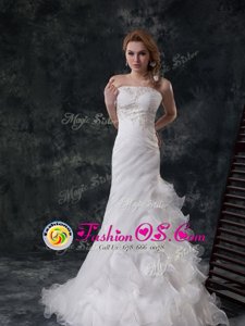 White Wedding Dress Organza Brush Train Sleeveless Beading and Appliques and Ruching