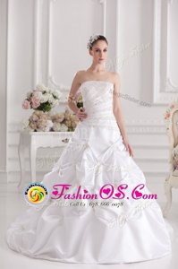 Cheap Sleeveless Taffeta Brush Train Zipper Bridal Gown in White for with Beading and Ruching and Pick Ups