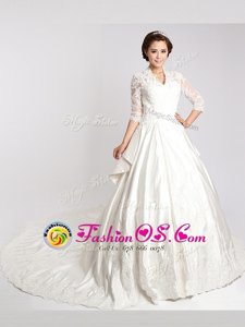 White A-line V-neck 3|4 Length Sleeve Chiffon With Train Cathedral Train Clasp Handle Lace Wedding Dresses