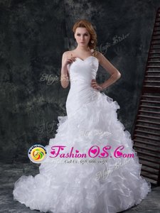 White Lace Up Bridal Gown Beading and Appliques and Ruffles Sleeveless With Brush Train