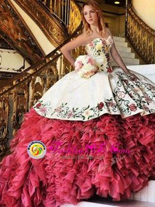Popular White and Red Ball Gowns Embroidery and Ruffles Ball Gown Prom Dress Lace Up Organza and Taffeta Sleeveless With Train