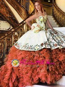 Customized Organza Sweetheart Sleeveless Lace Up Appliques and Embroidery and Ruffles 15 Quinceanera Dress in Rust Red