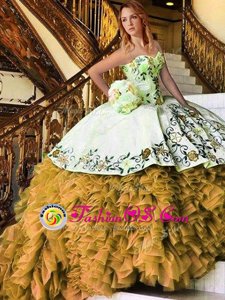 Elegant Yellow And White Organza Lace Up Sweet 16 Quinceanera Dress Sleeveless Floor Length Appliques and Embroidery