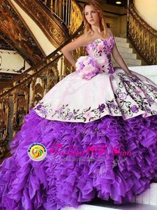 Nice White And Purple Organza Lace Up Sweet 16 Dress Sleeveless Floor Length Appliques and Embroidery