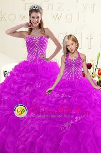 Sexy Purple Lace Up Sweetheart Beading and Ruffles Ball Gown Prom Dress Organza Sleeveless