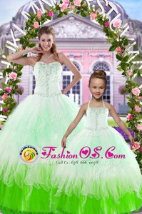 Beauteous Sleeveless Tulle Floor Length Lace Up 15th Birthday Dress in Multi-color for with Beading