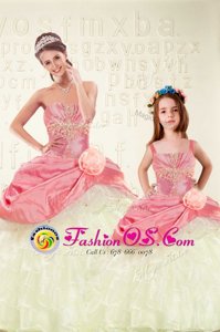 Pink Sweetheart Lace Up Beading and Ruffled Layers and Hand Made Flower Ball Gown Prom Dress Sleeveless