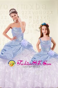 Stunning Light Blue Quince Ball Gowns Military Ball and Sweet 16 and Quinceanera and For with Beading and Ruffled Layers and Hand Made Flower Sweetheart Sleeveless Lace Up