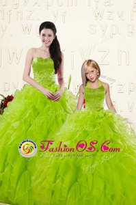 Custom Design Yellow Green Organza Lace Up 15th Birthday Dress Sleeveless Floor Length Beading and Ruffles