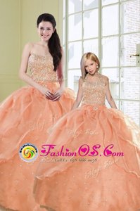 Orange Ball Gowns Sweetheart Sleeveless Organza Floor Length Lace Up Beading and Sequins Sweet 16 Quinceanera Dress