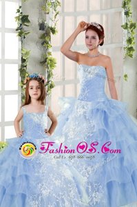 New Arrival Strapless Sleeveless Quinceanera Gowns Floor Length Embroidery and Ruffled Layers Blue Organza