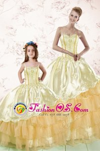 Gold Ball Gowns Embroidery and Ruffled Layers Sweet 16 Dress Lace Up Organza Sleeveless Floor Length