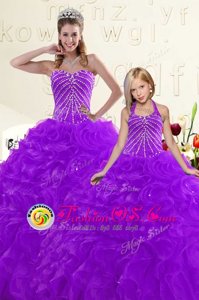 Delicate Fuchsia Lace Up Quinceanera Dress Beading and Ruffles Sleeveless Floor Length