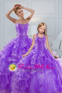 Affordable Beading and Ruffled Layers Vestidos de Quinceanera Lavender Lace Up Sleeveless Floor Length