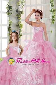 Captivating Ruffled Floor Length Rose Pink Sweet 16 Dress Strapless Sleeveless Lace Up