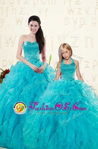 Perfect Aqua Blue Sleeveless Beading and Ruffles Floor Length Sweet 16 Dresses
