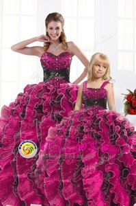 Hot Pink Ball Gowns Organza Sweetheart Sleeveless Beading and Appliques and Ruffles Floor Length Lace Up 15th Birthday Dress