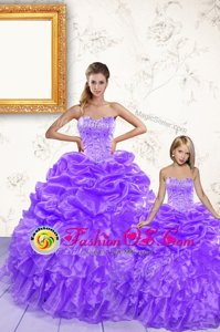 Lovely Floor Length Lavender Sweet 16 Quinceanera Dress Organza Sleeveless Beading and Ruffles and Pick Ups
