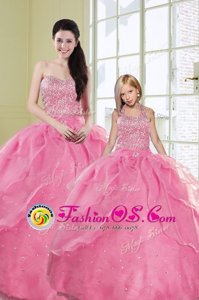 Sweetheart Sleeveless Vestidos de Quinceanera Floor Length Beading and Sequins Rose Pink Organza