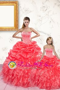 Eye-catching Coral Red Ball Gowns Organza Sweetheart Sleeveless Beading and Ruffles and Pick Ups Floor Length Lace Up 15 Quinceanera Dress