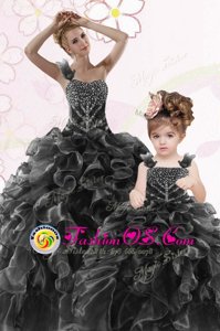 Affordable Black Organza Lace Up One Shoulder Sleeveless Floor Length Sweet 16 Dress Beading and Ruffles
