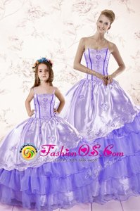 Lavender Ball Gowns Organza Sweetheart Sleeveless Embroidery and Ruffled Layers Floor Length Lace Up Sweet 16 Dresses